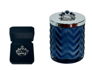 COTE NOIRE - HERRINGBONE CANDLE WITH SCARF - NAVY & SILVER - CROWN LID - HCS05